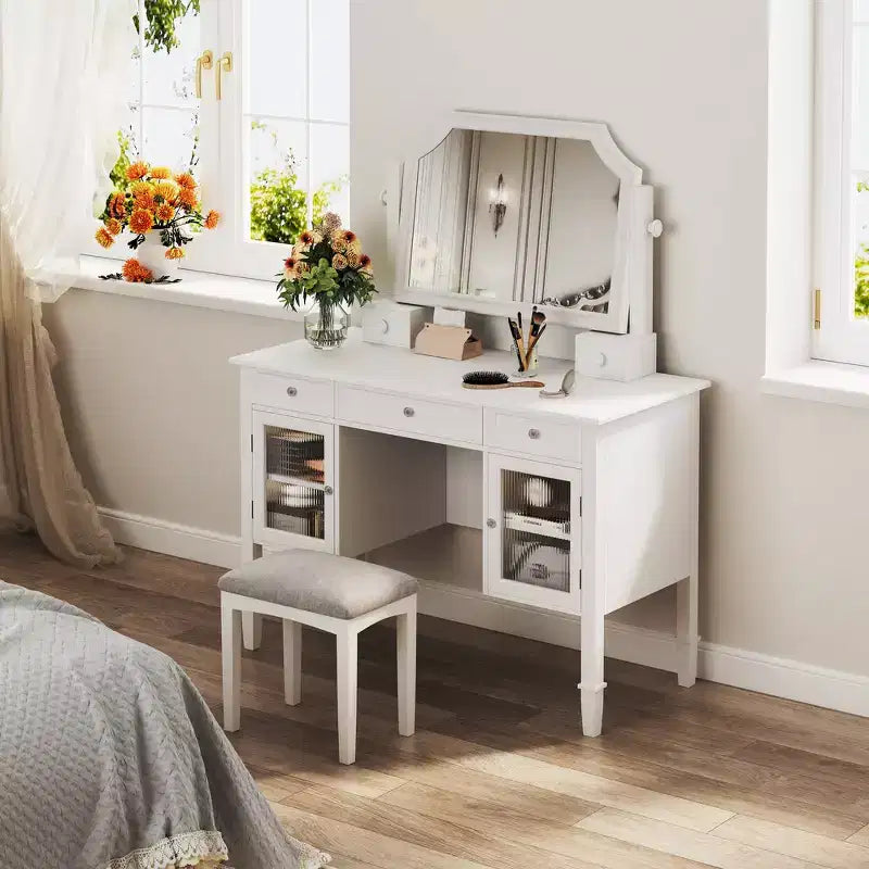 Whisen 44.4 Makeup Vanity Desk, Dressing Table Set, Space-Saving Beauty Station with Mirror, Stool and Drawer & Cabinet - White