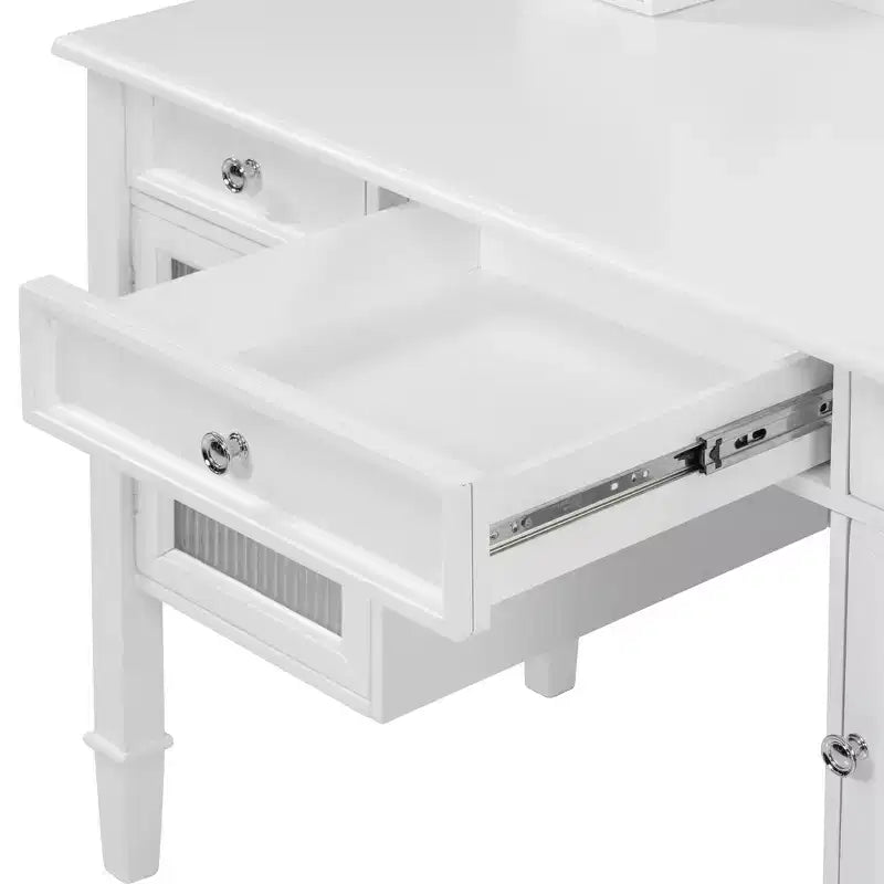 Coiffeuse de maquillage de 112,8 cm, station de beauté compacte avec miroir, tabouret, tiroir et meuble de rangement, blanche