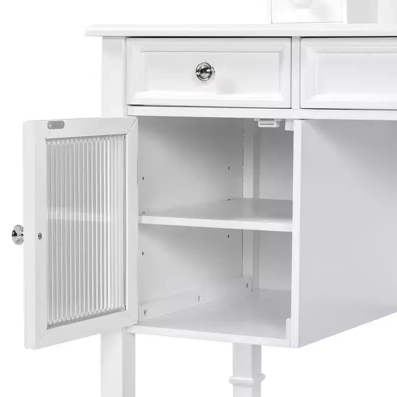 Coiffeuse de maquillage de 112,8 cm, station de beauté compacte avec miroir, tabouret, tiroir et meuble de rangement, blanche