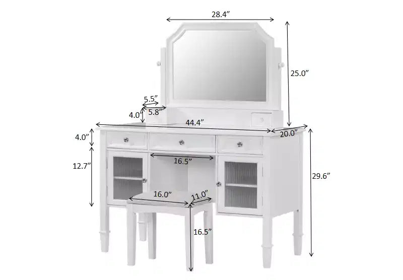 Coiffeuse de maquillage de 112,8 cm, station de beauté compacte avec miroir, tabouret, tiroir et meuble de rangement, blanche