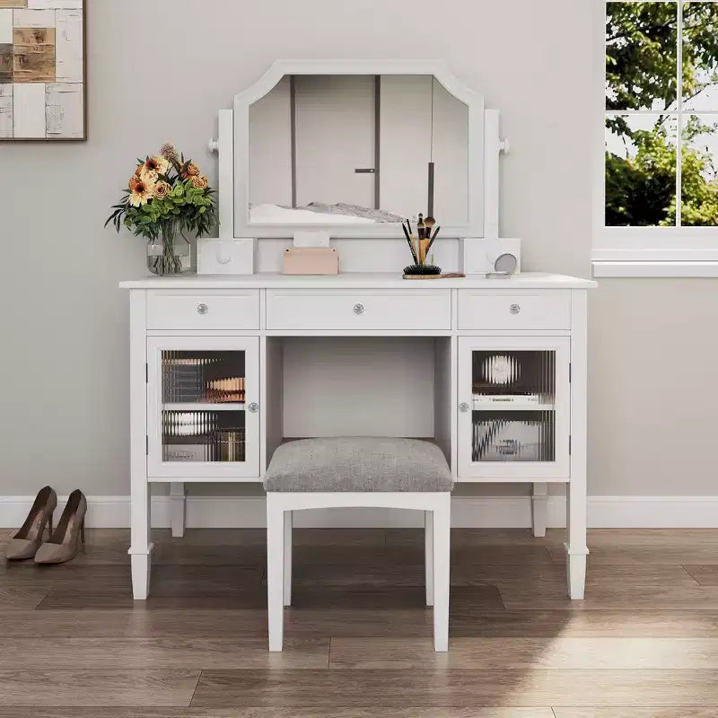 Coiffeuse de maquillage de 112,8 cm, station de beauté compacte avec miroir, tabouret, tiroir et meuble de rangement, blanche