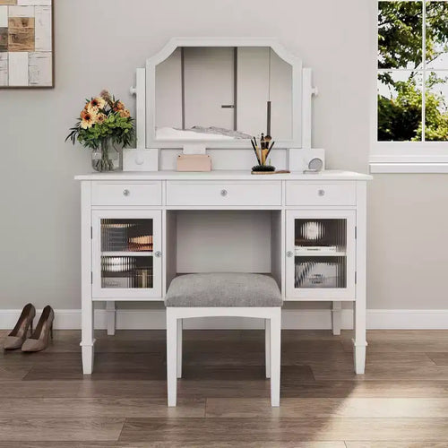Coiffeuse de maquillage de 112,8 cm, station de beauté compacte avec miroir, tabouret, tiroir et meuble de rangement, blanche