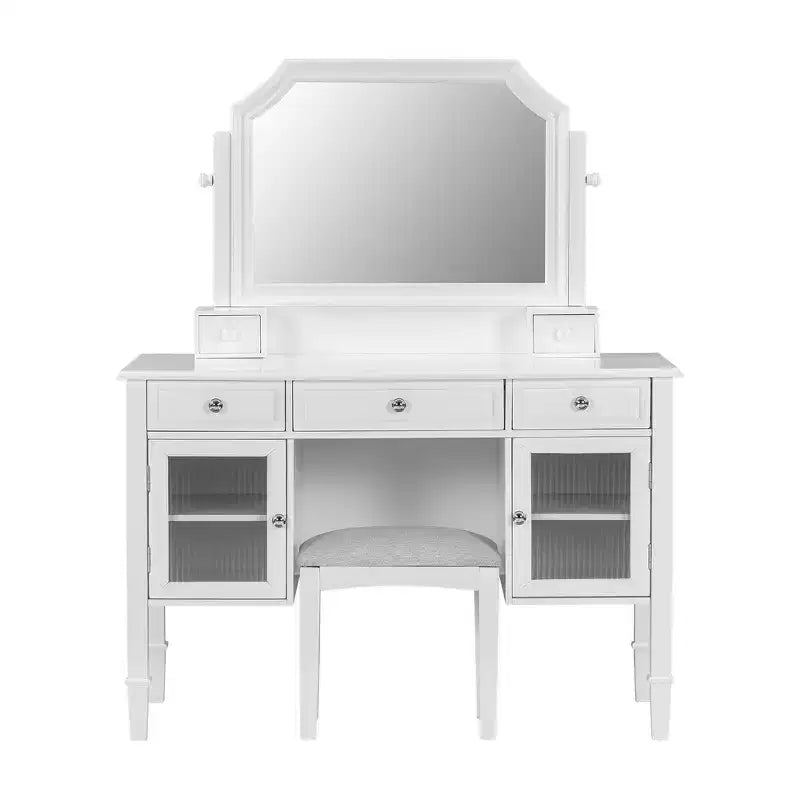 Coiffeuse de maquillage de 112,8 cm, station de beauté compacte avec miroir, tabouret, tiroir et meuble de rangement, blanche