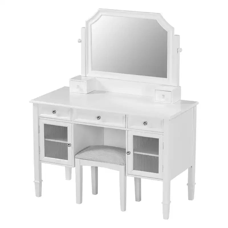 Coiffeuse de maquillage de 112,8 cm, station de beauté compacte avec miroir, tabouret, tiroir et meuble de rangement, blanche