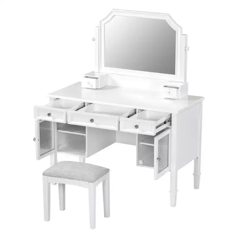 Coiffeuse de maquillage de 112,8 cm, station de beauté compacte avec miroir, tabouret, tiroir et meuble de rangement, blanche