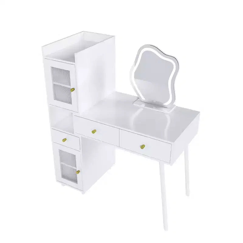 LED Mirror Vanity Tables, White Vanity with 3 Drawers, 2 Shelves, 4 Hidden Cabinets (Glass Doors), 3 Light Modes, for Bedroom or Living Room