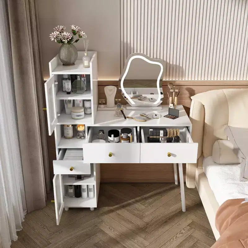 Coiffeuses Miroir LED, Coiffeuse Blanche avec 3 Tiroirs, 2 Étagères, 4 Armoires Cachées (Portes Vitrées), 3 Modes d'Éclairage, pour Chambre ou Salon