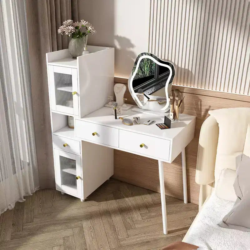 Coiffeuses Miroir LED, Coiffeuse Blanche avec 3 Tiroirs, 2 Étagères, 4 Armoires Cachées (Portes Vitrées), 3 Modes d'Éclairage, pour Chambre ou Salon