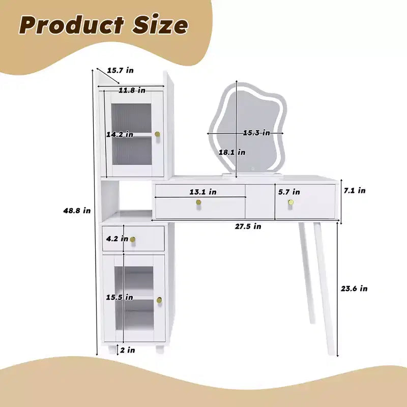 Coiffeuses Miroir LED, Coiffeuse Blanche avec 3 Tiroirs, 2 Étagères, 4 Armoires Cachées (Portes Vitrées), 3 Modes d'Éclairage, pour Chambre ou Salon