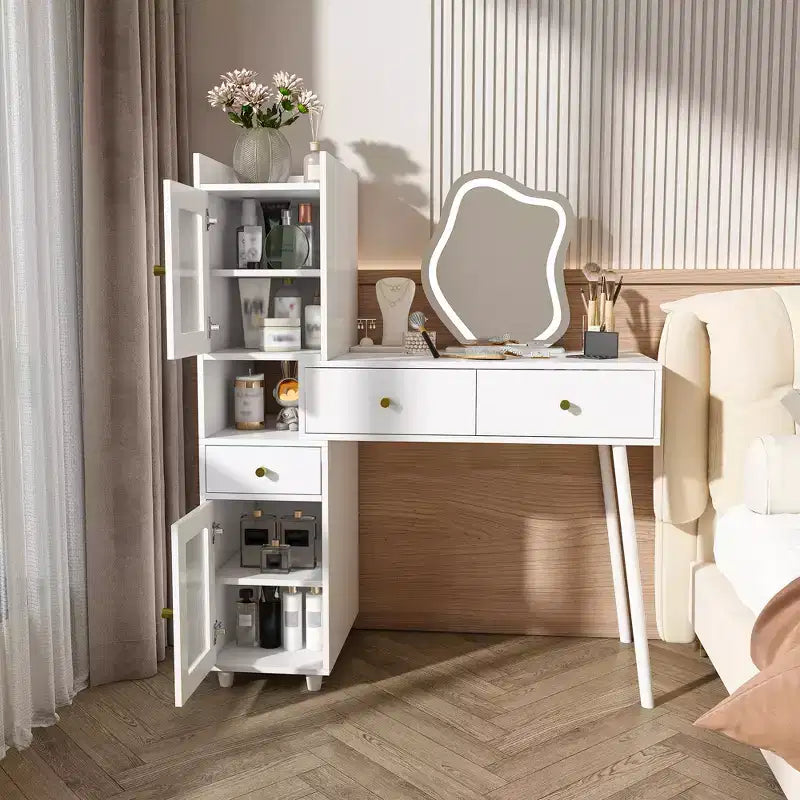 Coiffeuses Miroir LED, Coiffeuse Blanche avec 3 Tiroirs, 2 Étagères, 4 Armoires Cachées (Portes Vitrées), 3 Modes d'Éclairage, pour Chambre ou Salon