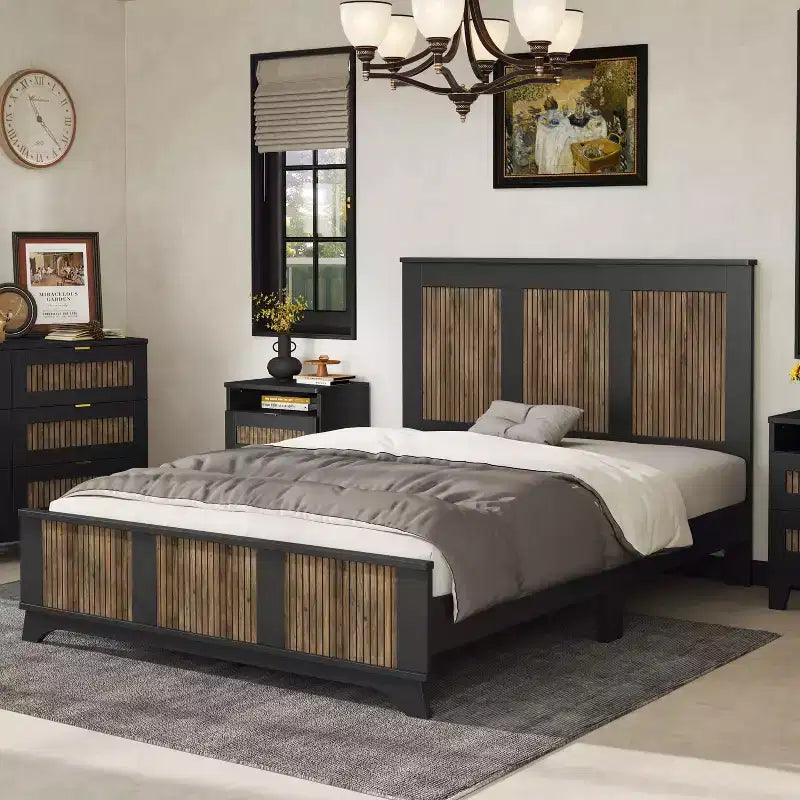 Cadre de lit plateforme à lattes en bois Queen Size style Ferme