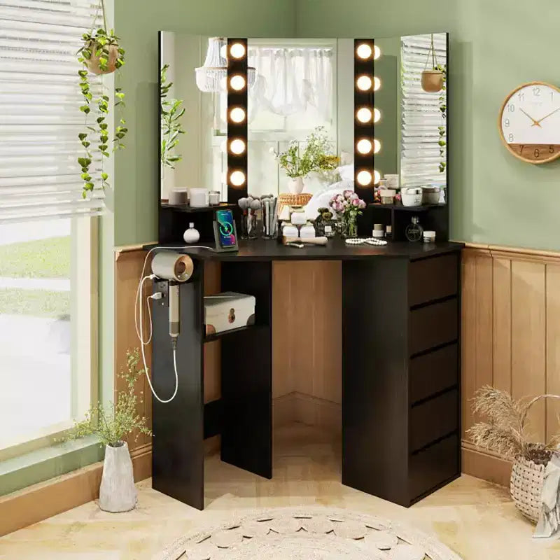 Coiffeuse d'angle avec miroir réglable 3 couleurs, prise de courant et grand espace de rangement