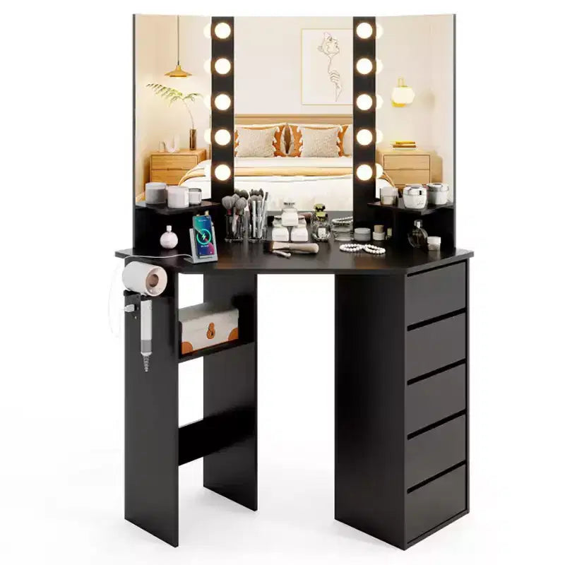 Coiffeuse d'angle avec miroir réglable 3 couleurs, prise de courant et grand espace de rangement