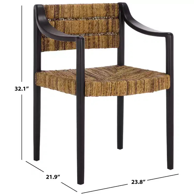 Chaise de salle à manger moderne en rotin de bananier avec accoudoirs et pieds en métal noir