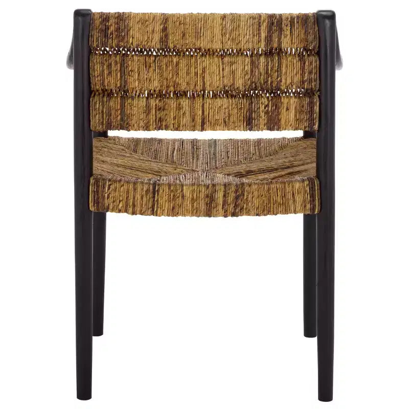 Chaise de salle à manger moderne en rotin de bananier avec accoudoirs et pieds en métal noir