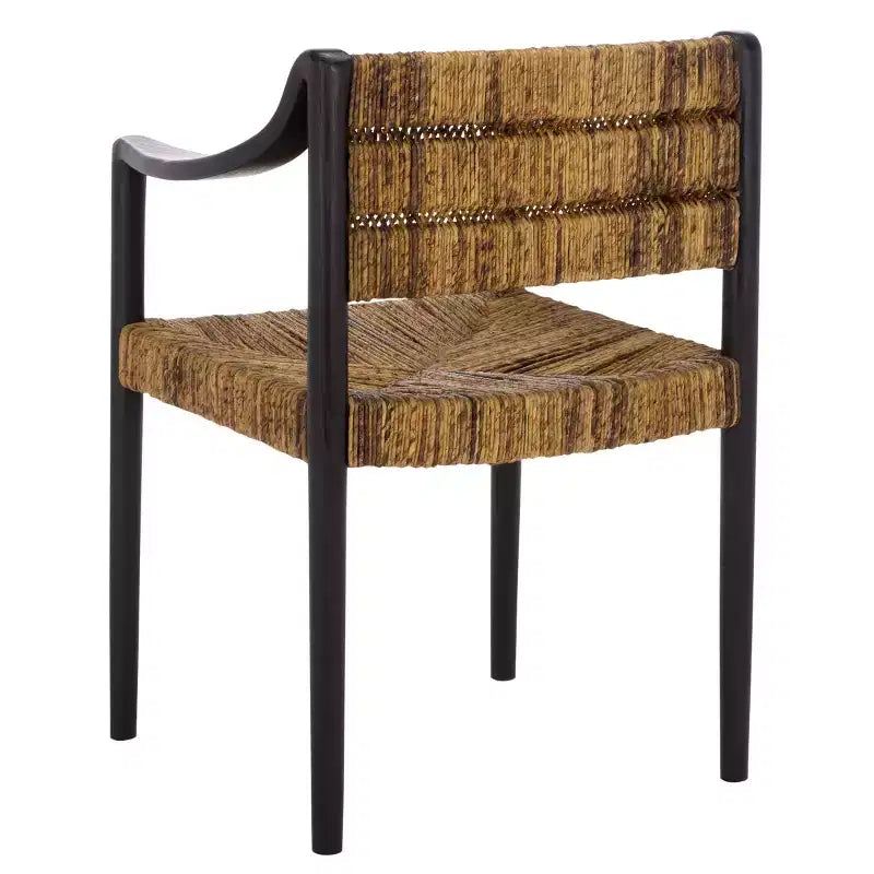 Chaise de salle à manger moderne en rotin de bananier avec accoudoirs et pieds en métal noir