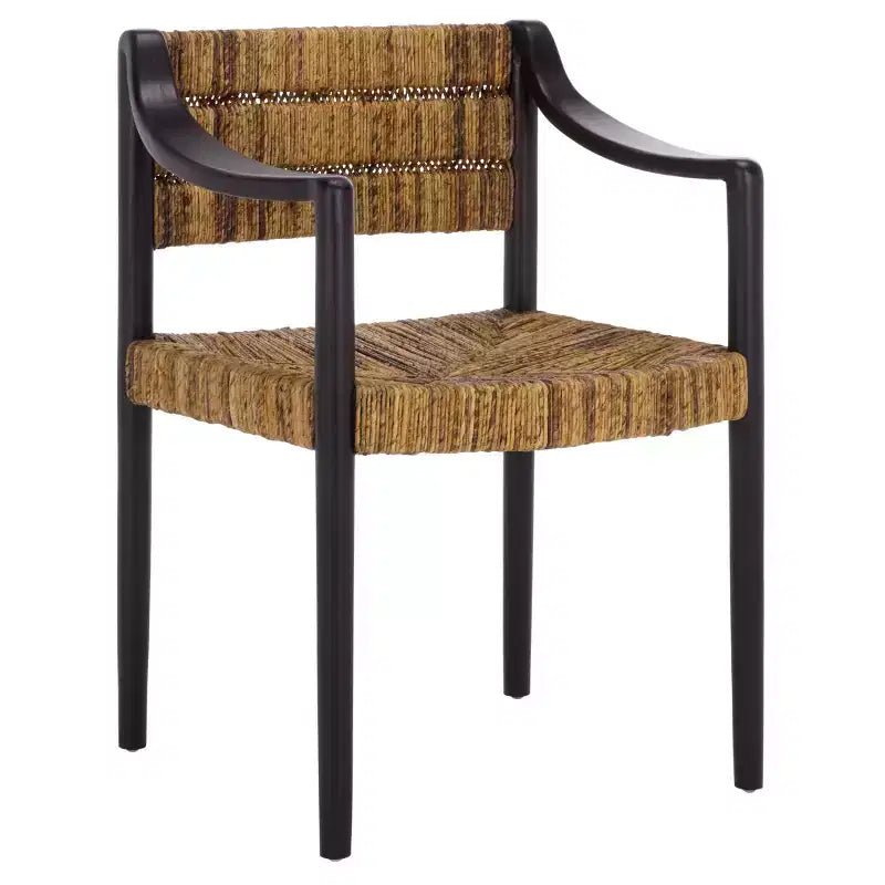 Chaise de salle à manger moderne en rotin de bananier avec accoudoirs et pieds en métal noir