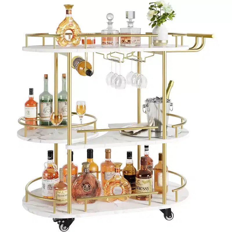 2023 Rotating Serving Cart, Metal & Wood Material, Gold, for Home & Party Use