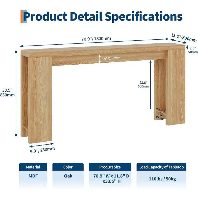 Console d'entrée rustique en bois de 70,9 pouces de long pour couloir, salon, derrière un canapé, profondeur étroite de 11,8 pouces