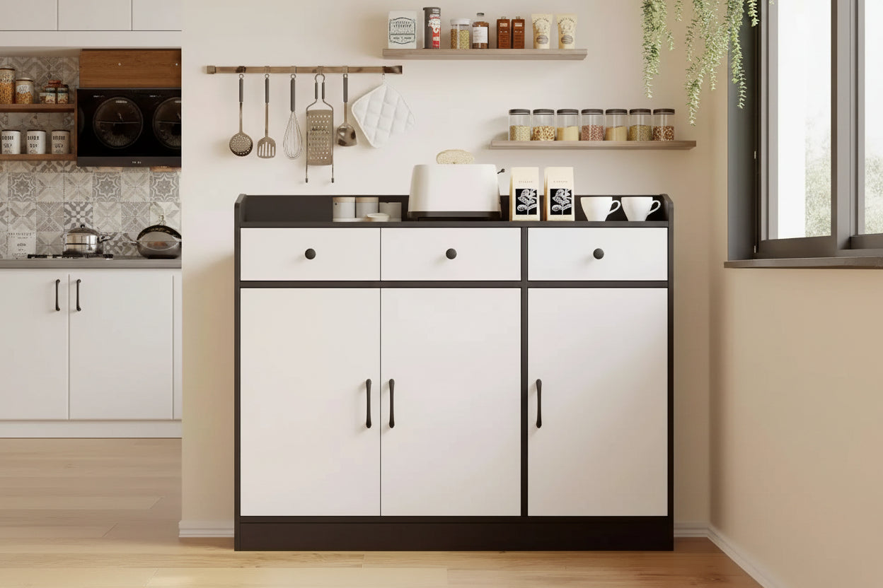 42.5 Inch Sideboard Buffet Cabinet,Modern Kitchen Storage Cabinet with Adjustable Shelves,Wooden Cupboard with 3 Drawers for Living Room,Dining Room