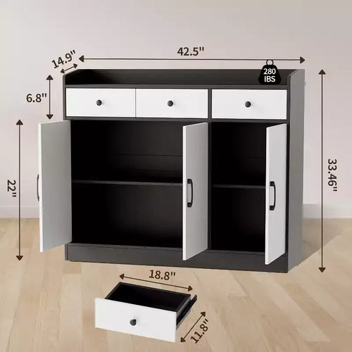 Buffet de salle à manger de 42,5 pouces, meuble de rangement de cuisine moderne avec étagères réglables, armoire en bois avec 3 tiroirs pour salon, salle à manger
