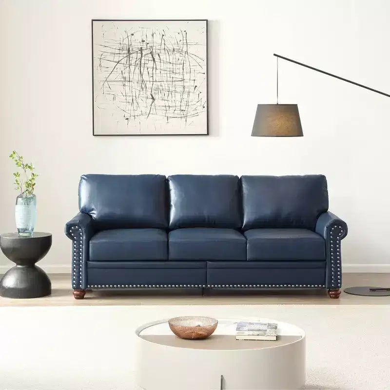 MAYEERTY 3 Seats Sofa with Round Arm Silver Nails Couch Faux Leather for Liiving Room Office Navy Blue