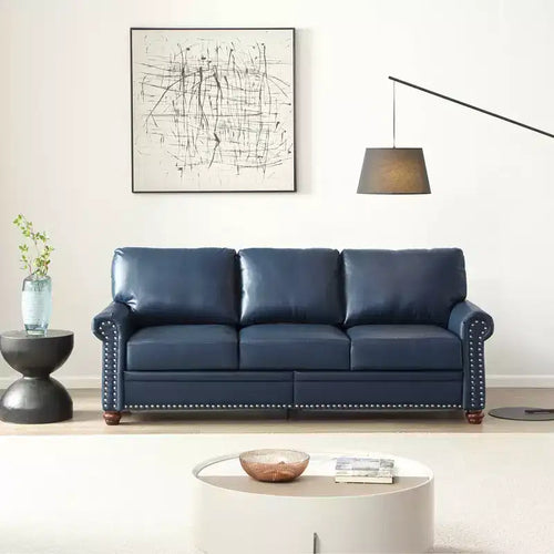 MAYEERTY 3 Seats Sofa with Round Arm Silver Nails Couch Faux Leather for Liiving Room Office Navy Blue
