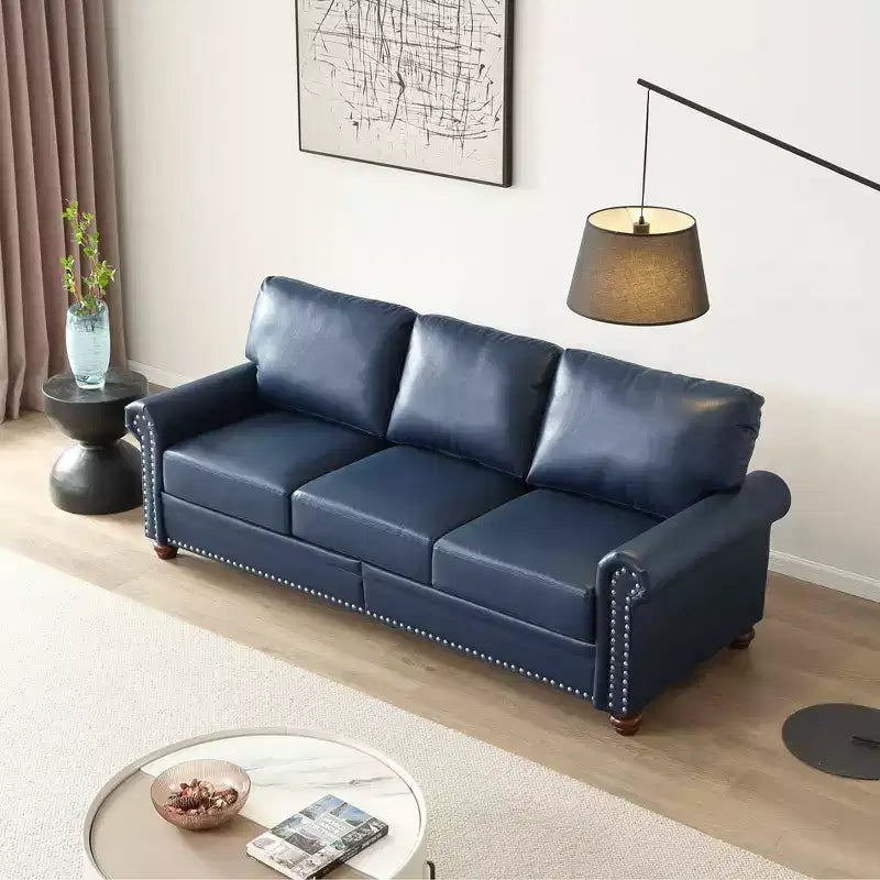 Canapé 3 places en similicuir avec accoudoirs ronds et clous argentés pour salon et bureau, bleu marine