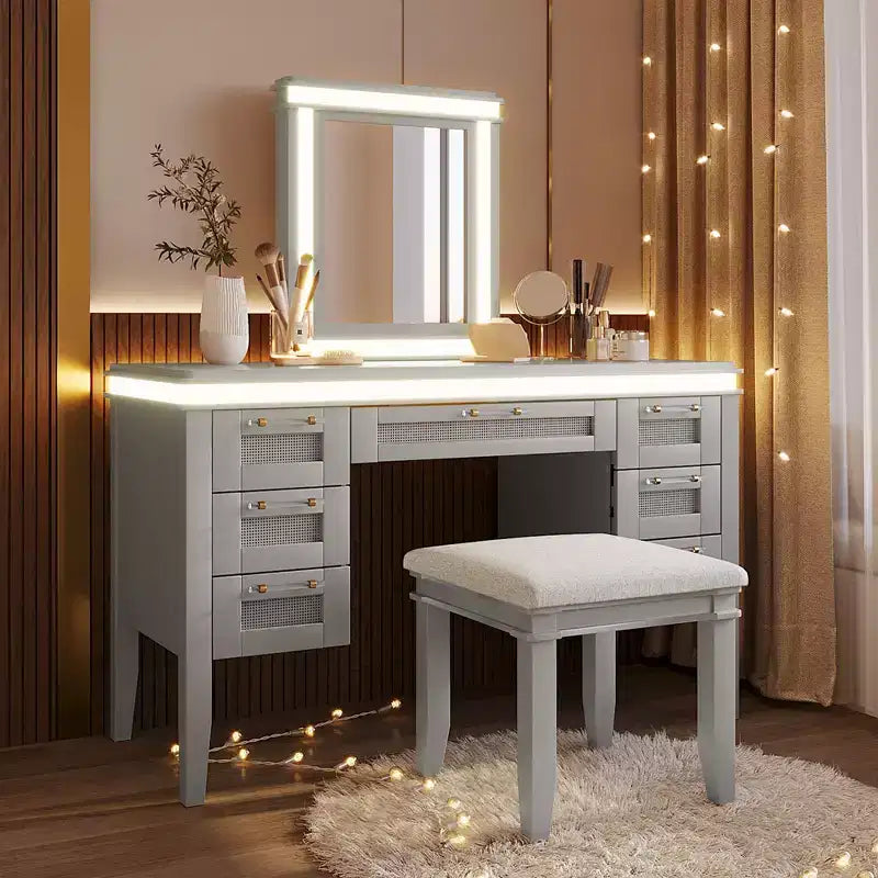 Coiffeuse classique en bois style bohème avec miroir éclairé, 7 tiroirs et tabouret rembourré