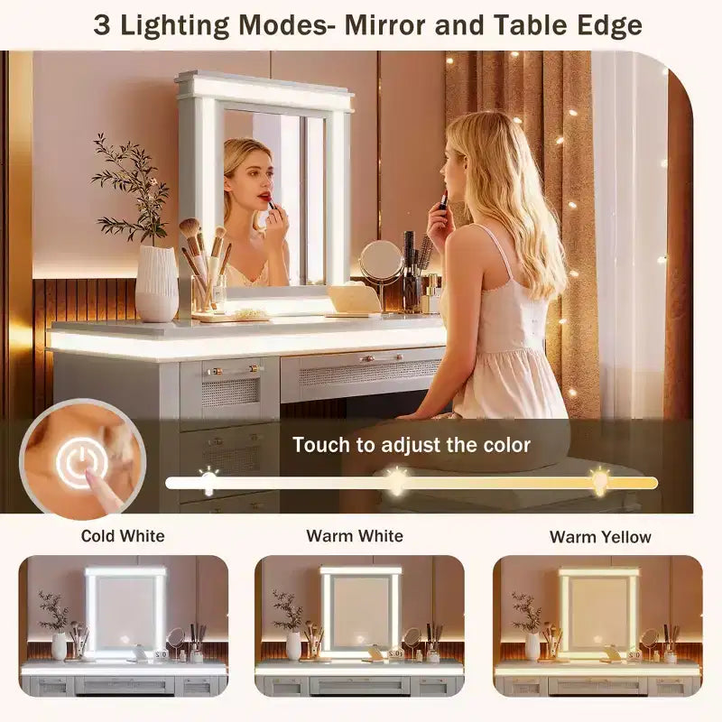 Coiffeuse classique en bois style bohème avec miroir éclairé, 7 tiroirs et tabouret rembourré