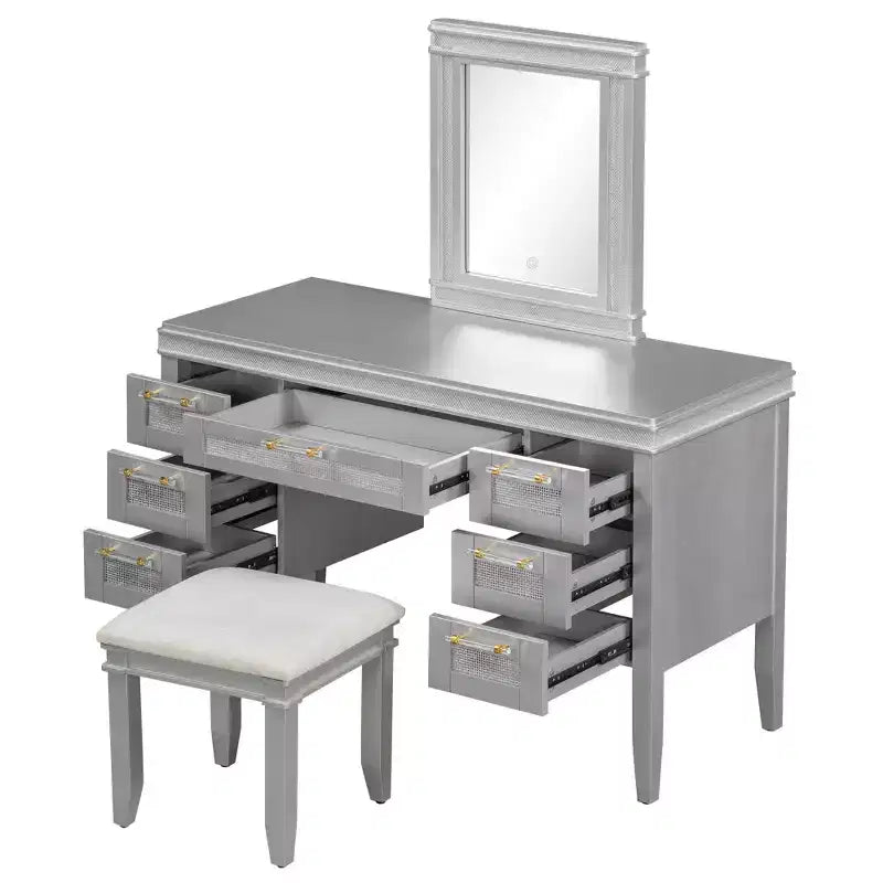 Coiffeuse classique en bois style bohème avec miroir éclairé, 7 tiroirs et tabouret rembourré
