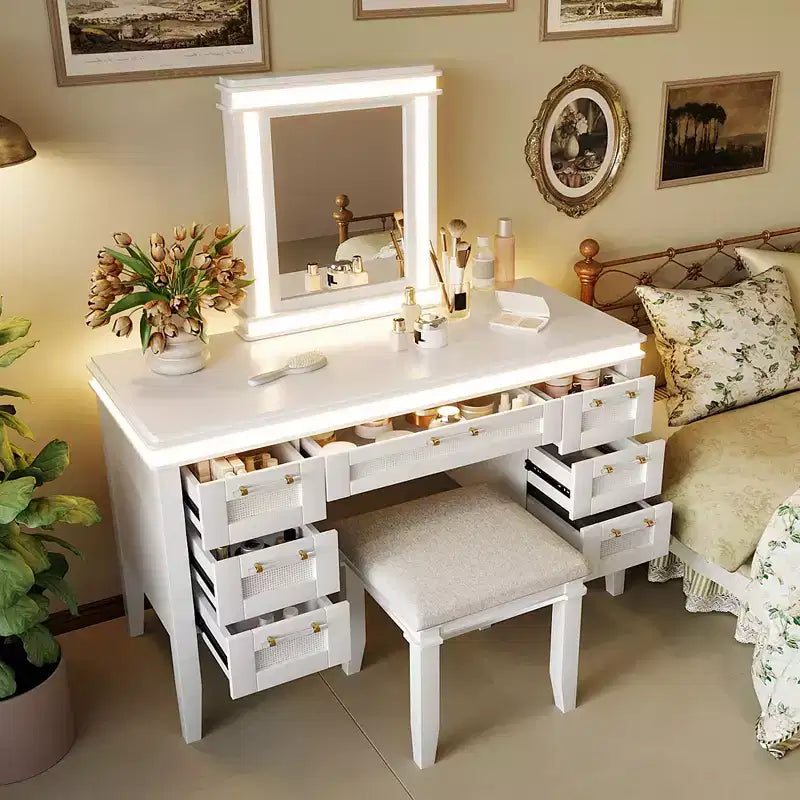 Coiffeuse classique en bois style bohème avec miroir éclairé, 7 tiroirs et tabouret rembourré
