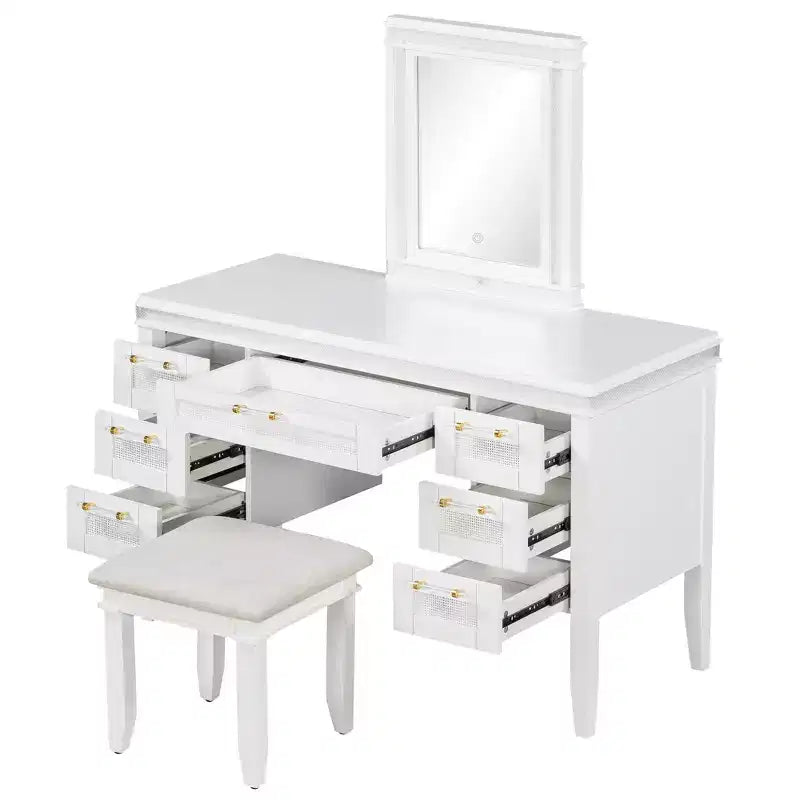 Coiffeuse classique en bois style bohème avec miroir éclairé, 7 tiroirs et tabouret rembourré