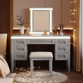 Coiffeuse classique en bois style bohème avec miroir éclairé, 7 tiroirs et tabouret rembourré
