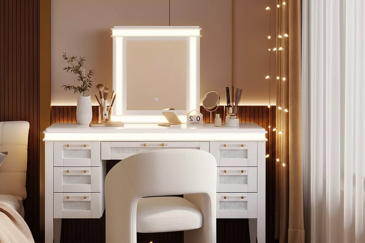 GDFStudio Amelia Classic Boho Wood Makeup Vanity Desk with Lighted Mirror, 7 Drawers and Cushioned Stool