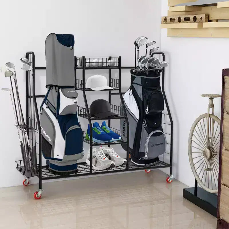 Organisateur de sacs de golf en métal robuste avec double support, support de clubs amovible et roulettes verrouillables