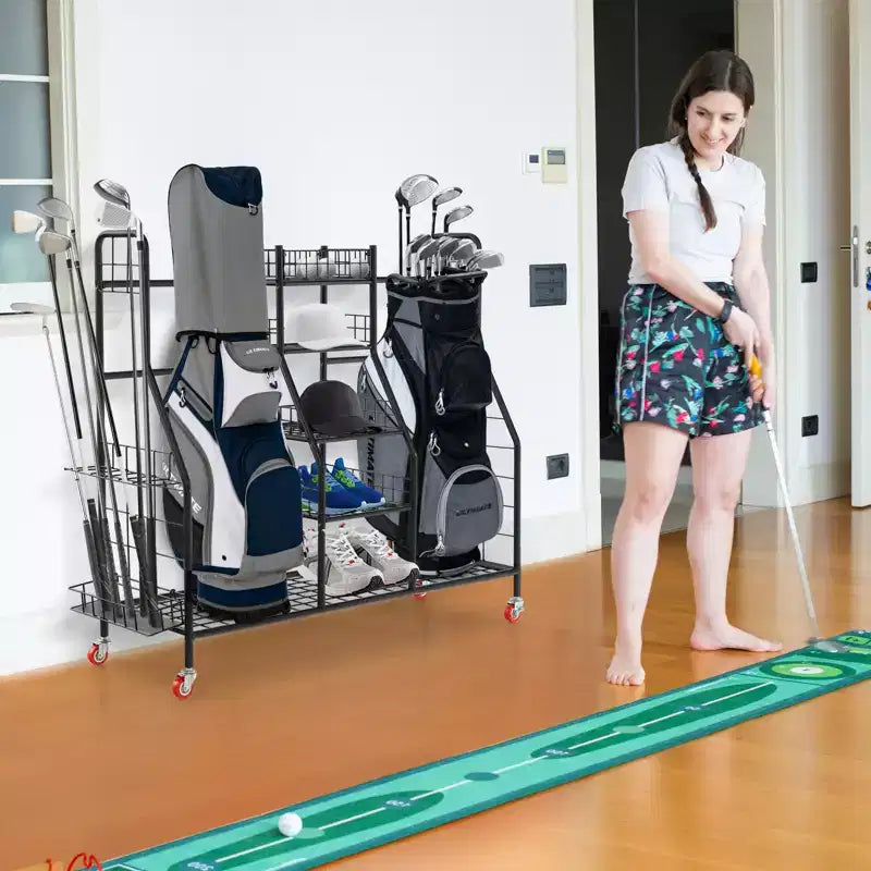 Organisateur de sacs de golf en métal robuste avec double support, support de clubs amovible et roulettes verrouillables