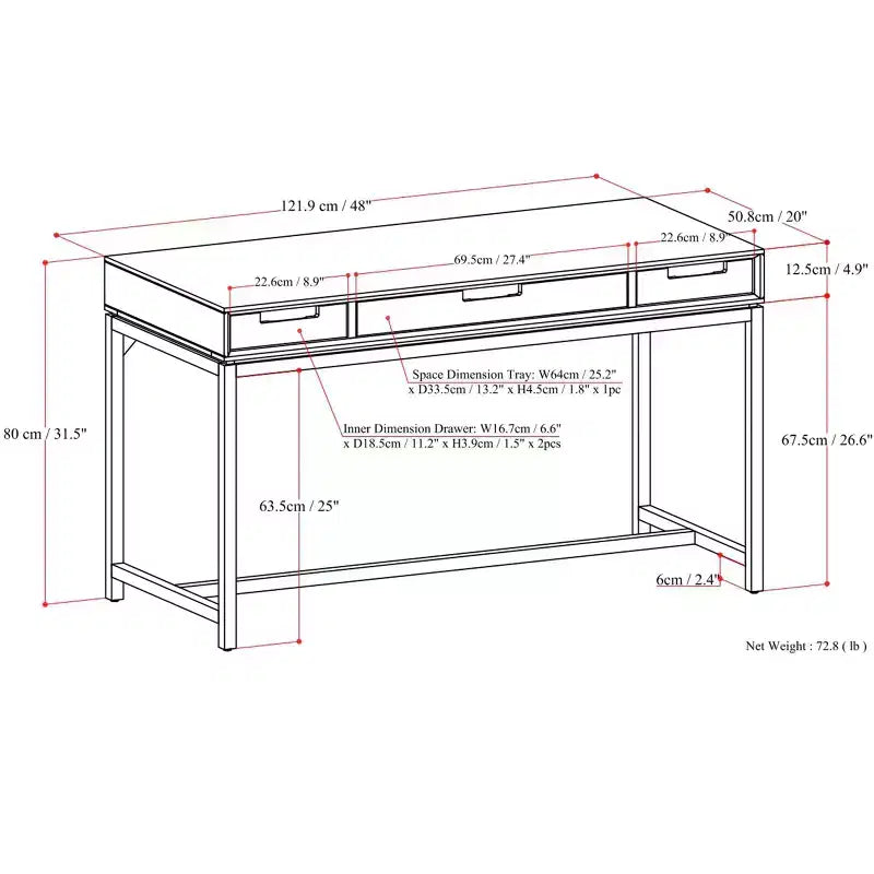Petit bureau moderne industriel en bois massif de 122 cm de large