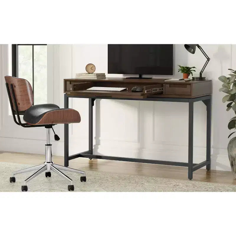 Petit bureau moderne industriel en bois massif de 122 cm de large