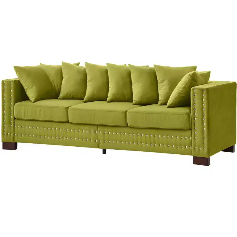 Canapé moderne 3 places en velours de 153,67 cm avec clous argentés et accoudoirs carrés, vert