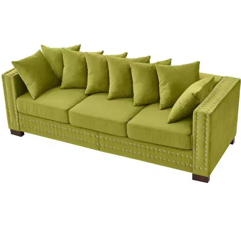Canapé moderne 3 places en velours de 153,67 cm avec clous argentés et accoudoirs carrés, vert