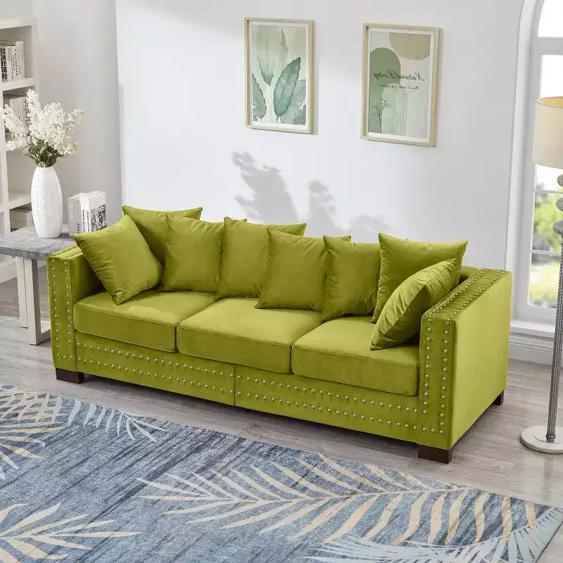 Canapé moderne 3 places en velours de 153,67 cm avec clous argentés et accoudoirs carrés, vert
