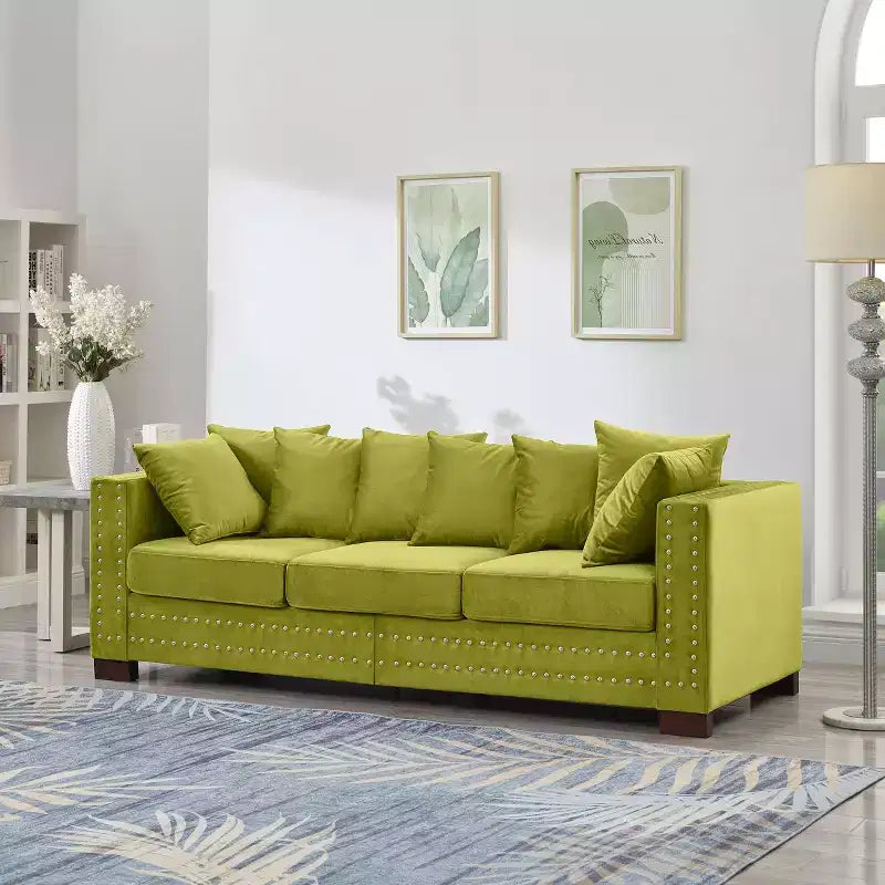 Canapé moderne 3 places en velours de 153,67 cm avec clous argentés et accoudoirs carrés, vert