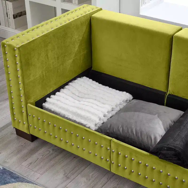 Canapé moderne 3 places en velours de 153,67 cm avec clous argentés et accoudoirs carrés, vert