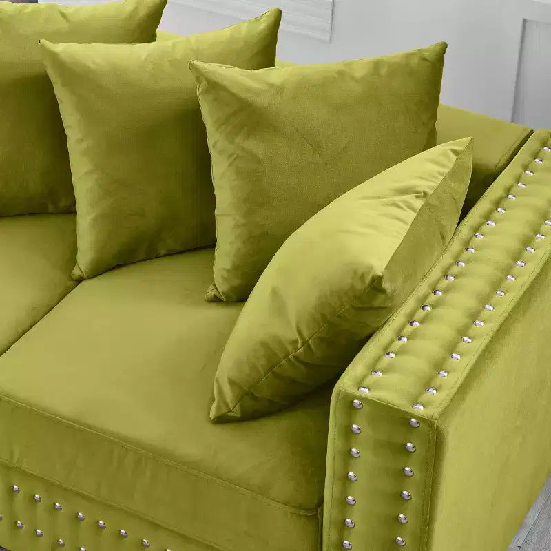 Canapé moderne 3 places en velours de 153,67 cm avec clous argentés et accoudoirs carrés, vert