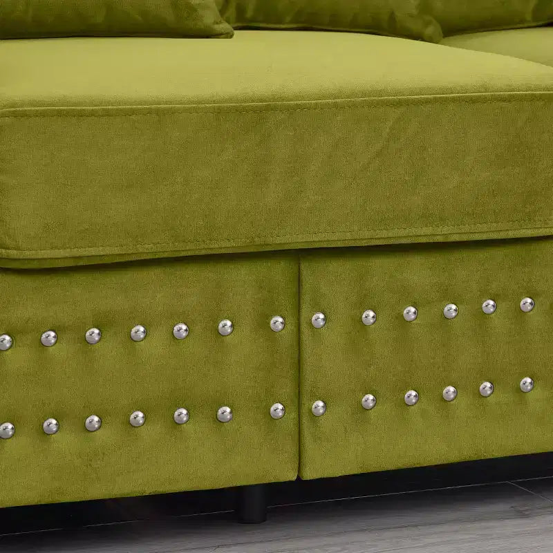 Canapé moderne 3 places en velours de 153,67 cm avec clous argentés et accoudoirs carrés, vert