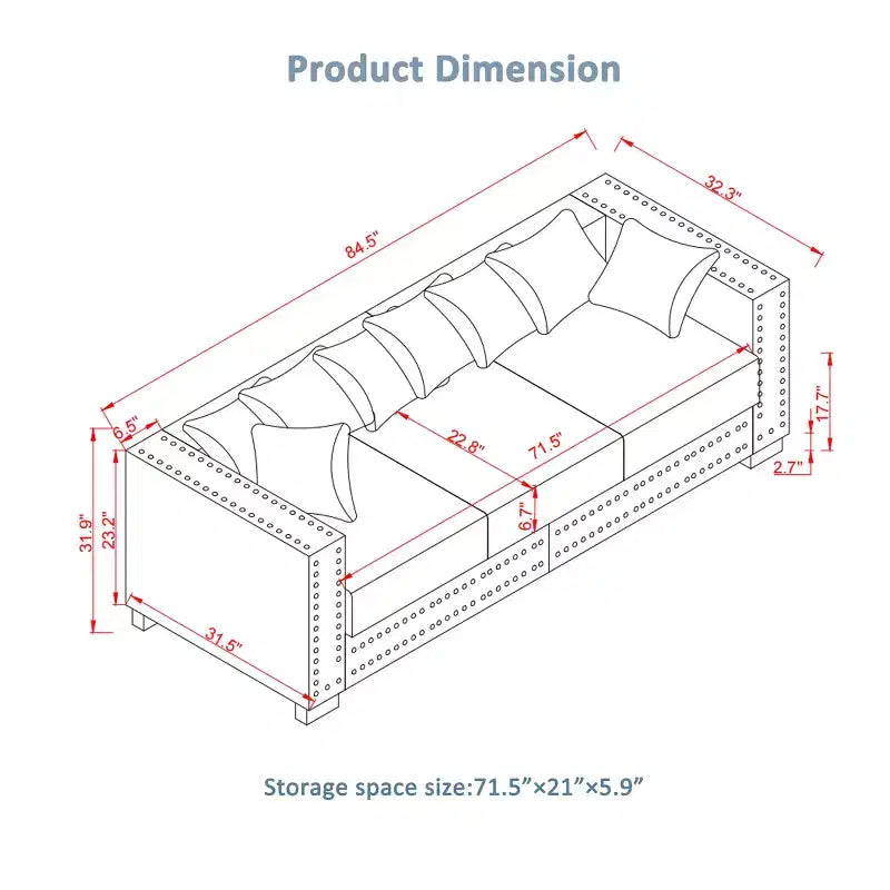 Canapé moderne 3 places en velours de 153,67 cm avec clous argentés et accoudoirs carrés, vert