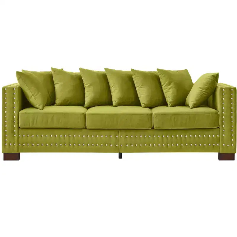 Canapé moderne 3 places en velours de 153,67 cm avec clous argentés et accoudoirs carrés, vert