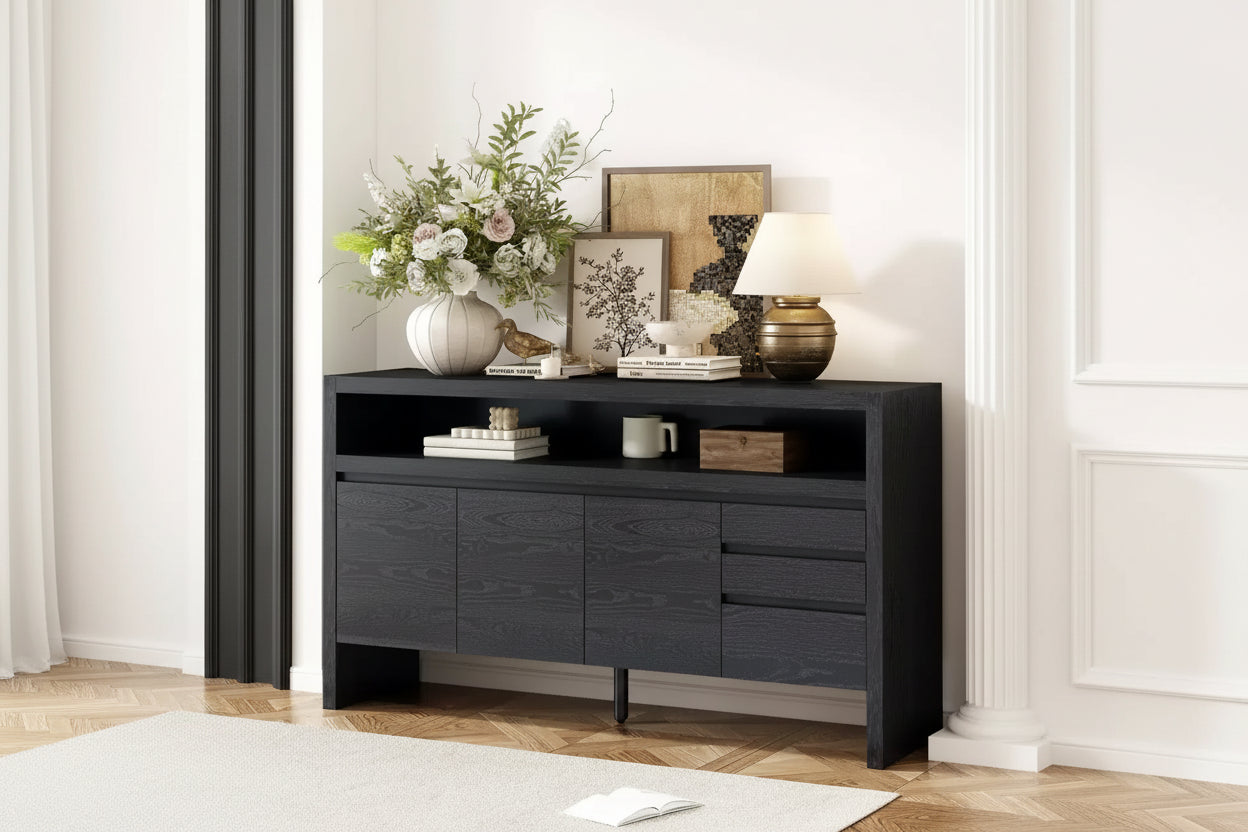 Multi-Functional 60 Large Storage Cabinet Sideboard with 3 Doors, Semi-Open Shelf and 3 Drawers, Wood Accent Entryway Console Table TV Stand