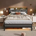 Full Size Platform Bed Frame Upholstered Headboard with LED Lights Charging Station Heavy Duty Metal Support No Box Spring Needed Gaming Bedroom